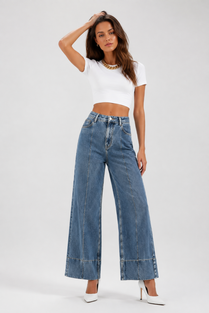 Women's High Waist Wide Leg Straight Stretch Jeans