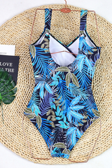 Women's One Piece Suit - Wide Strap U-Neck Leaf Print Plus