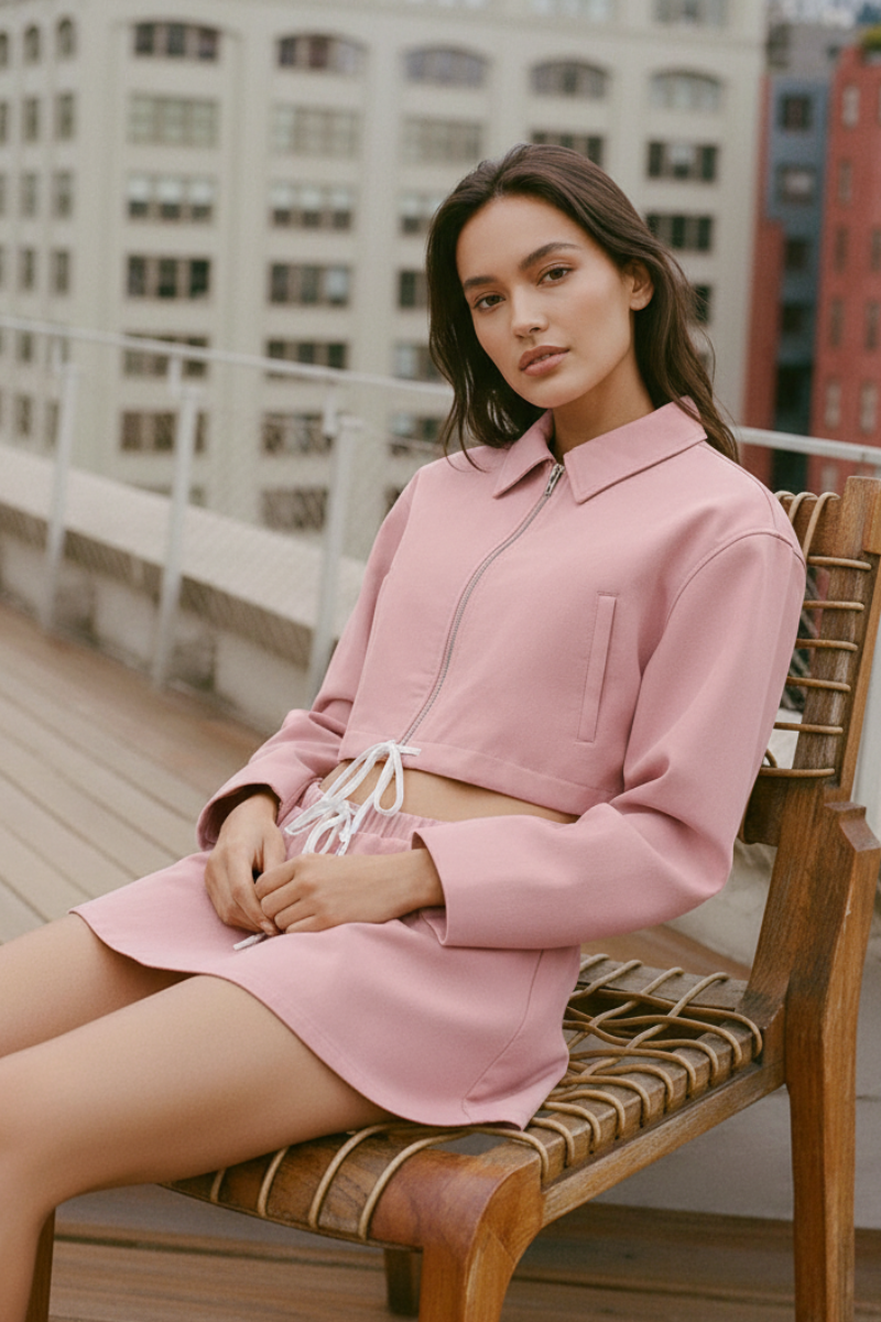 Women's Sets:Cropped Zip-Up Jacket Drawstring Mini Skirt
