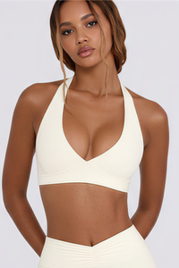 Women's Brushed Deep V Halter Neck Backless Sports Yoga Bra
