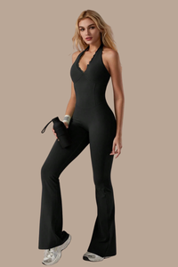 Women's V-neck Halterneck Backless Flared Sport Jumpsuit