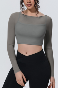 Women's Mesh Stitched Mock Two-Piece Long Sleeve T-shirt
