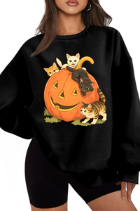 Women's Fall Halloween Cat Pumpkin Graphic Casual Sweatshirt