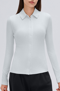 Women's Button-Front Polo Slim Fit Shirt Long-Sleeve Top