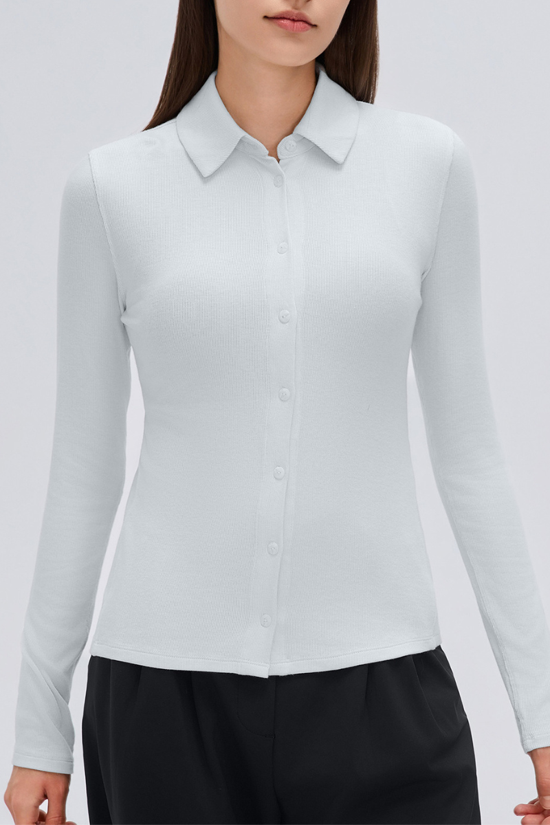 Women's Button-Front Polo Slim Fit Shirt Long-Sleeve Top
