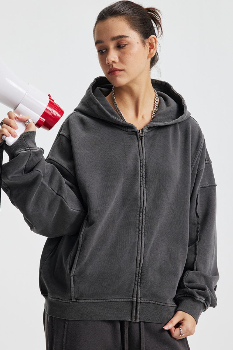 Rustic-style zipper-front pullover hoodie