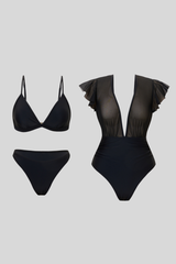 Women's Triangle Cup Ruched Waist Mesh Panel 3 Piece Bikini