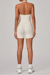 Women's Athletic Set:Halterneck Pleated V-neck Bra & Shorts