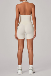 Women's Athletic Set:Halterneck Pleated V-neck Bra & Shorts