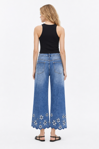 Women's High Waist Floral Embroidered Wide Leg Jeans