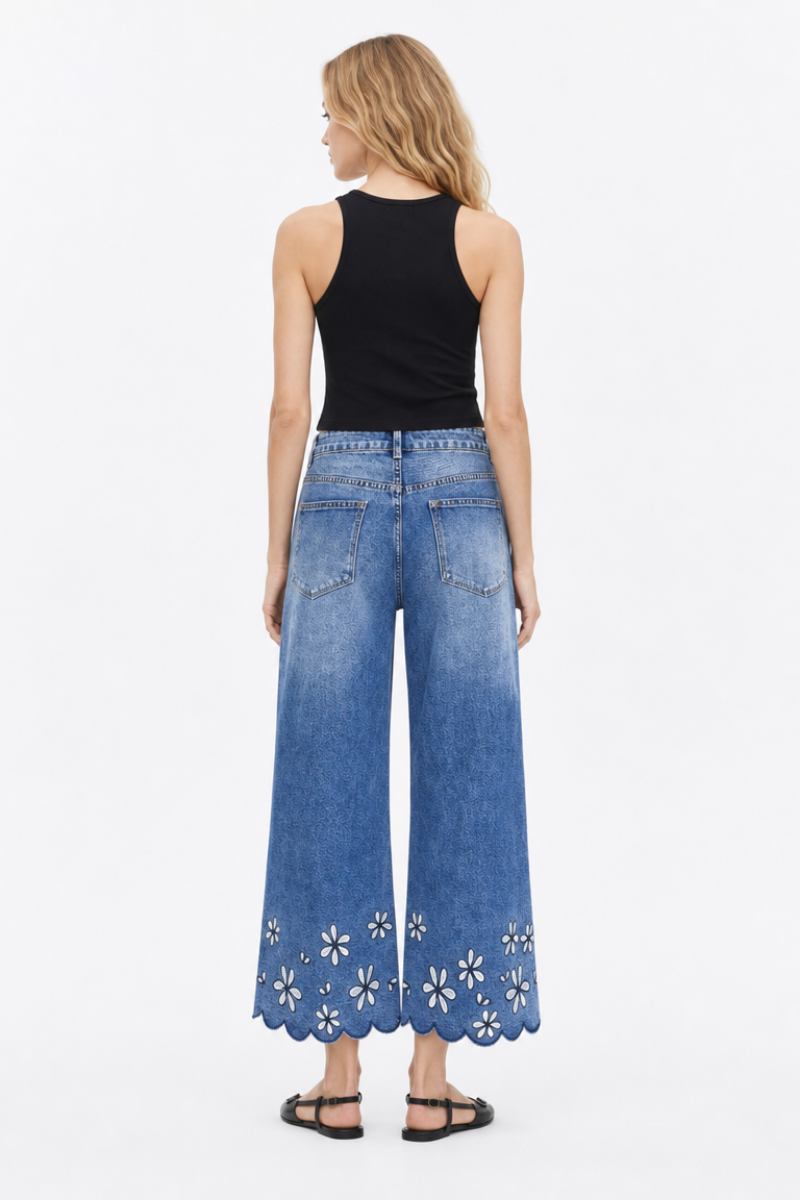 Women's High Waist Floral Embroidered Wide Leg Jeans