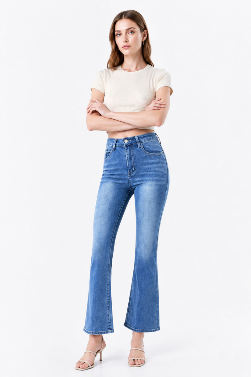 Women's High Waist Stretch Embroidered Pockets Flare Jeans