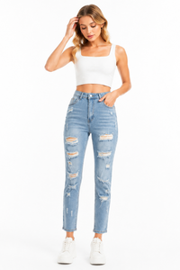 Women's High Waist Distressed Ripped Stretch Jeans