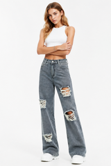 Women's High Waist Distressed Ripped Wide Leg Jeans