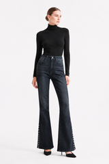 Women's High Waist Flare Jeans with Side Pearl Details