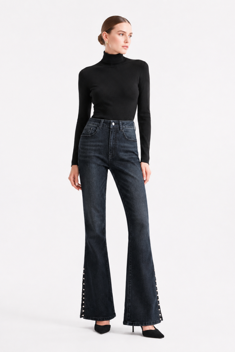 Women's High Waist Flare Jeans with Side Pearl Details