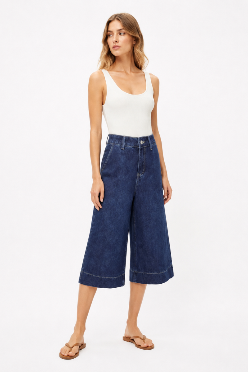 Women's High Waist Wash Wide Leg Cropped Jeans