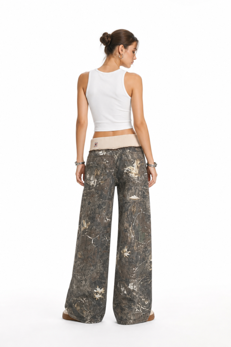 Women's Vintage High Waist Wash Camo Print Wide Leg Jeans