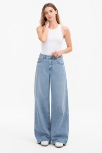 Women's 100% Cotton High Waist Wash Wide Leg Jeans