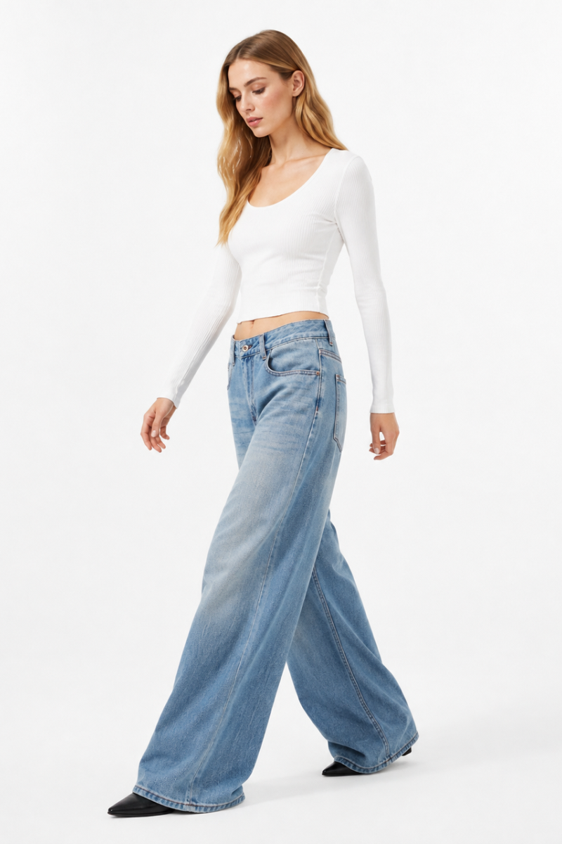 Women's 100% Cotton Mid Waist Wash Wide Leg Jeans