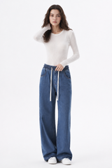 Women's Fall Drawstring Waist Side Pocket Wide Leg Jeans