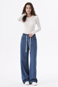 Women's Fall Drawstring Waist Side Pocket Wide Leg Jeans
