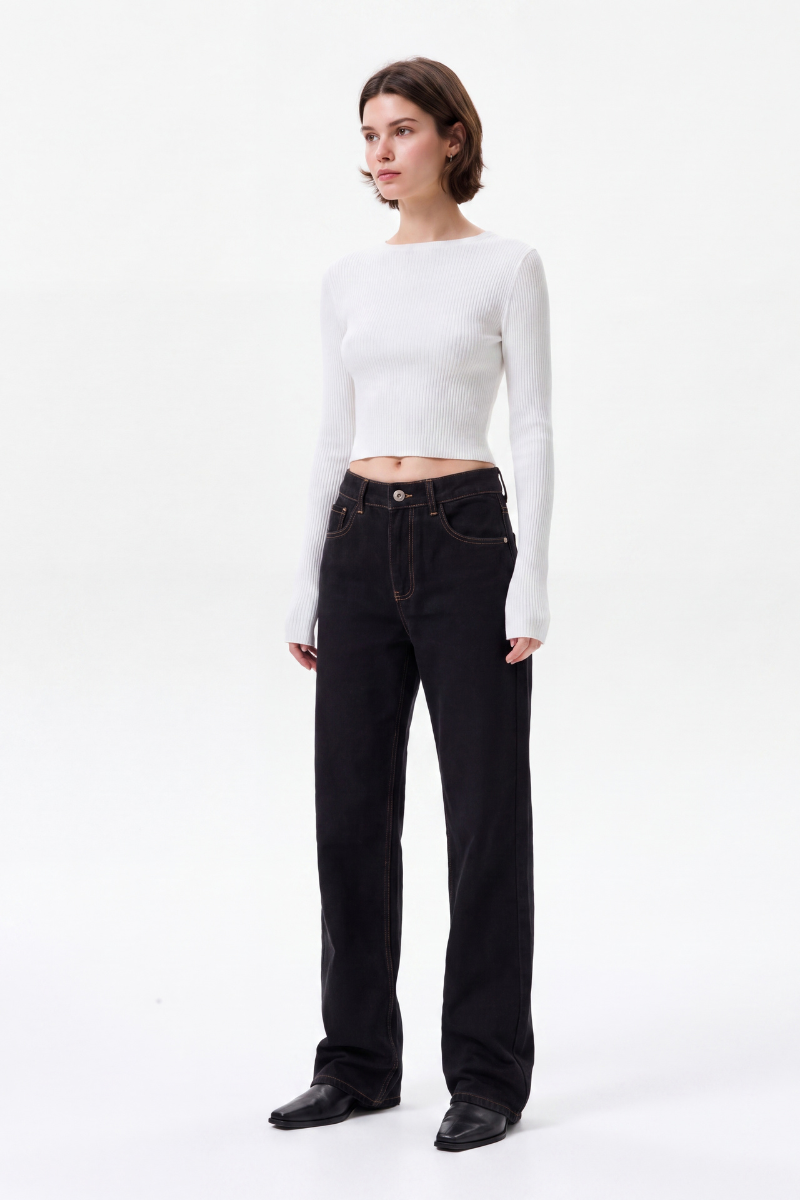 Women's High Waist Black Wash Straight Leg Jeans