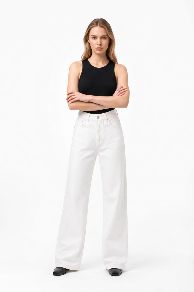 Women's Fall 100% Cotton Pure White Wide Leg Jeans