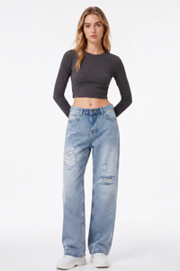 Women's Fall High Waist Ripped Straight Leg Jeans