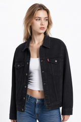 Women’s Black Button Front Chest Pocket Denim Jacket