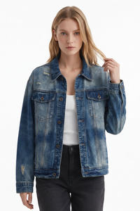 Women's Fall 100% Cotton Distressed Wash Casual Denim Jacket