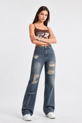 Women's High Waist Distressed Straight Leg Jeans
