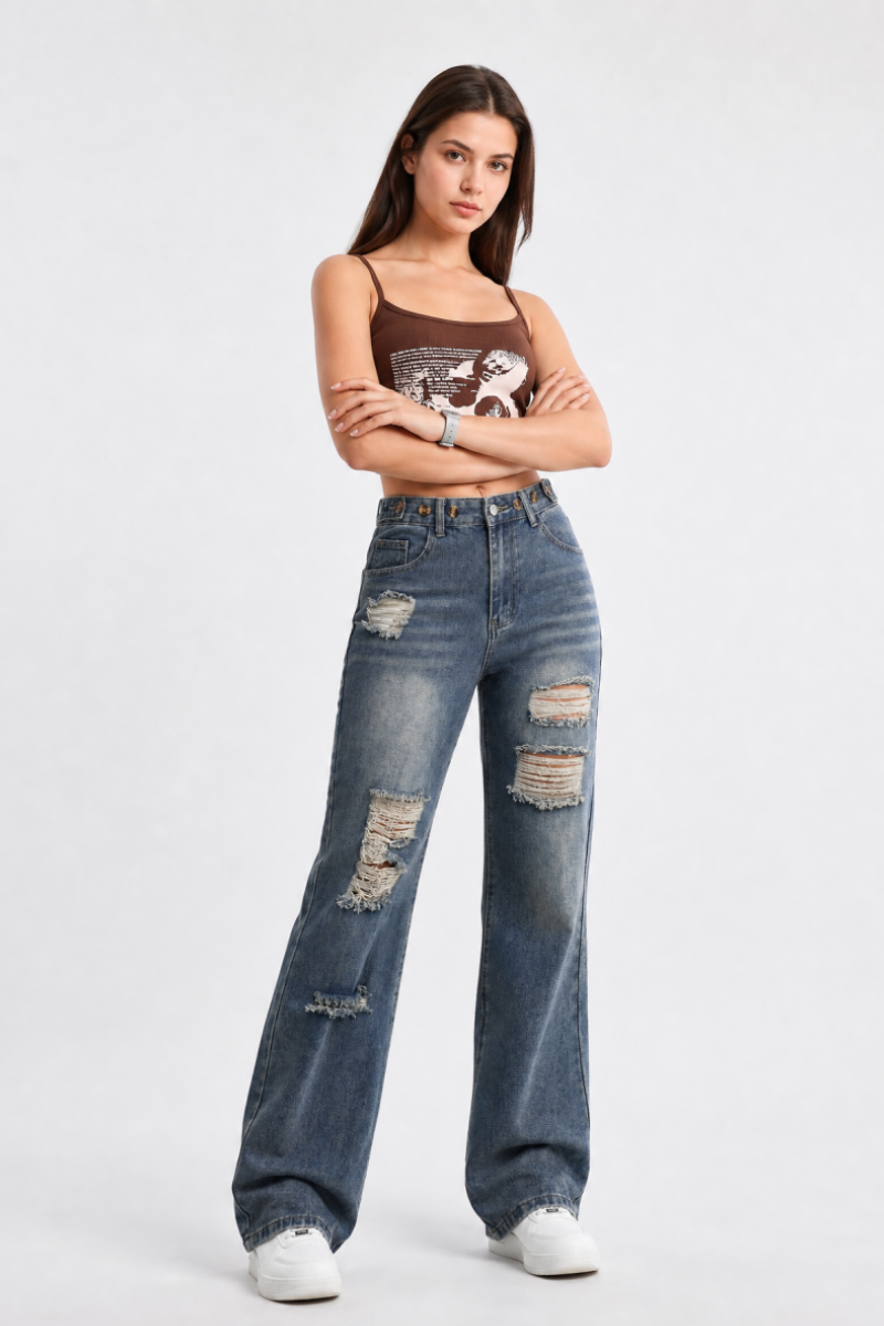 Women's High Waist Distressed Straight Leg Jeans