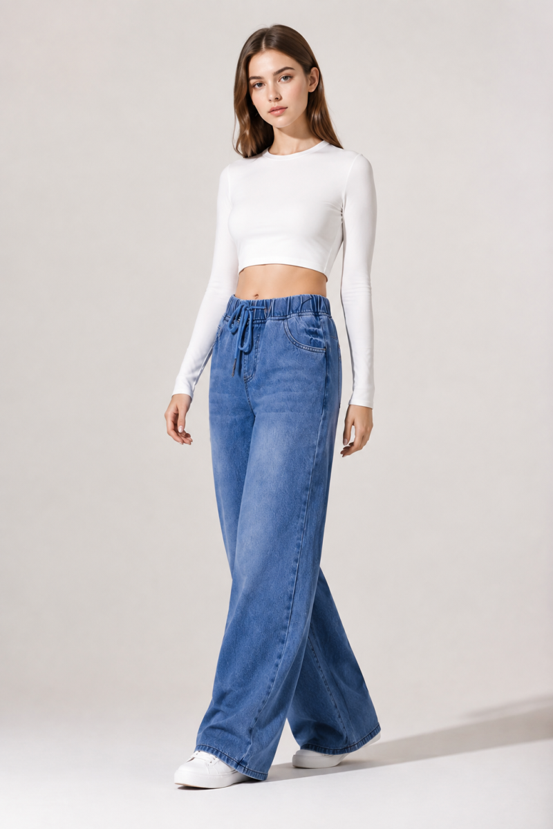 Women's Drawstring Waist Wide Leg Jeans