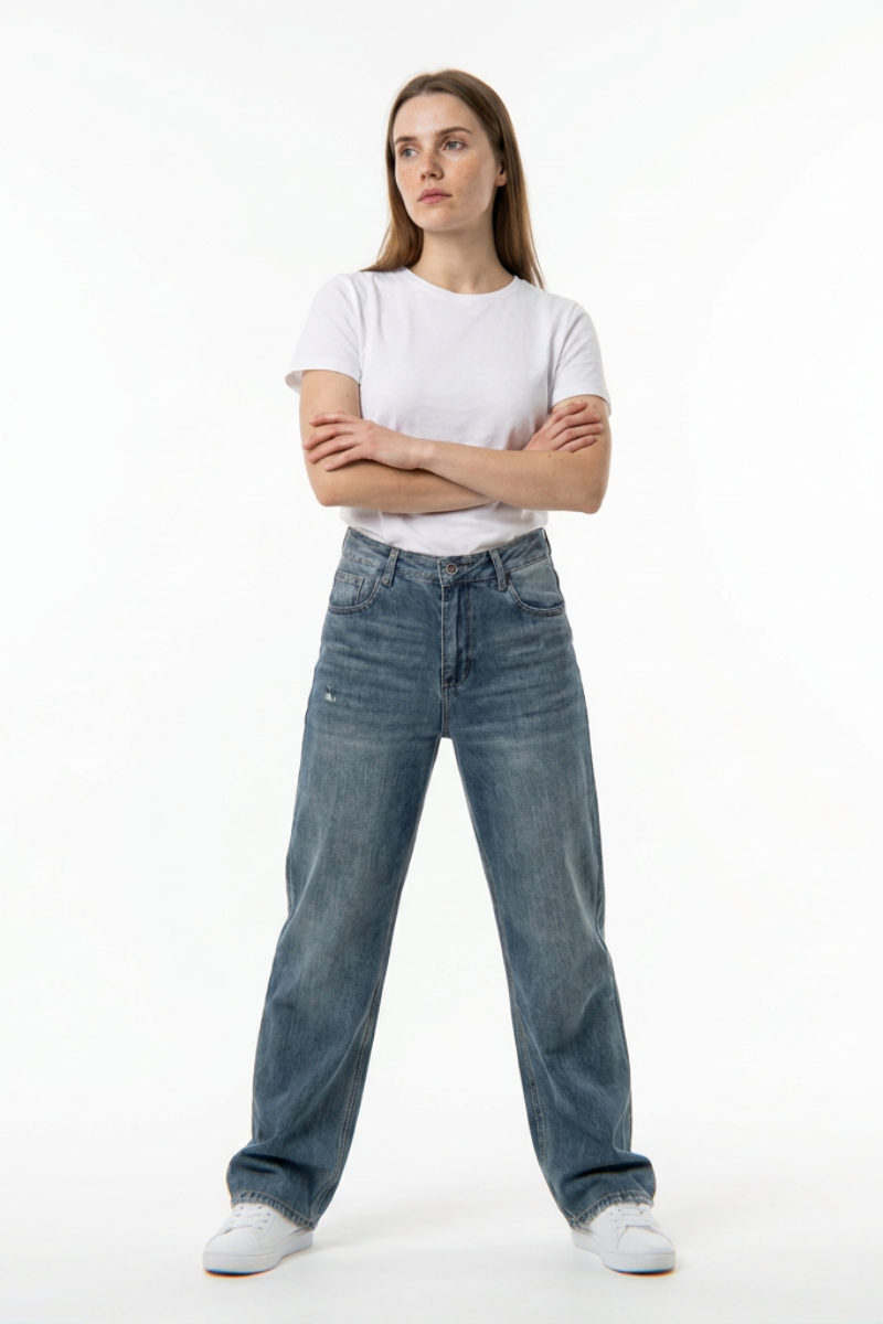 Women's 100% Cotton Dirty Washed Relaxed Straight Leg Jeans
