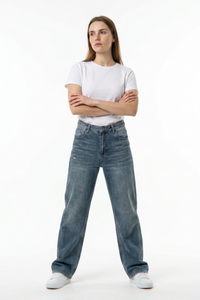 Women's 100% Cotton Dirty Washed Relaxed Straight Leg Jeans