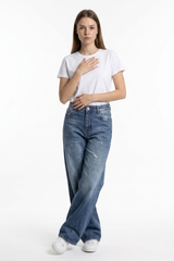 Women's 100% Cotton Distressed High Waist Wide Leg Jeans