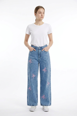 Women's High Waist Pink Bow Printed Wide Leg Jeans