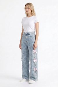 Women's High Waist Bow & Pearl Chain Detail Jeans