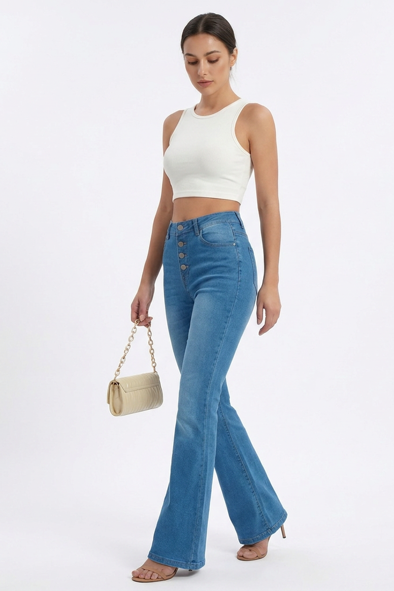 Women's Retro High-Waisted Button-Fly Flare Jeans