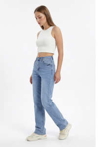 Women's Vintage Mid Waist Stretch Straight Leg Jeans