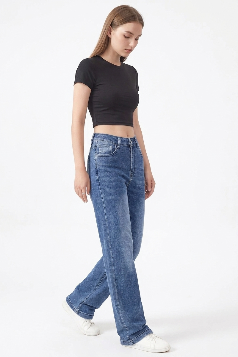 Women's Classic Blue Washed Mid Waist Straight Leg Jeans