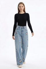 Women's Fall Vintage Embroidered Flowers Wide Leg Jeans