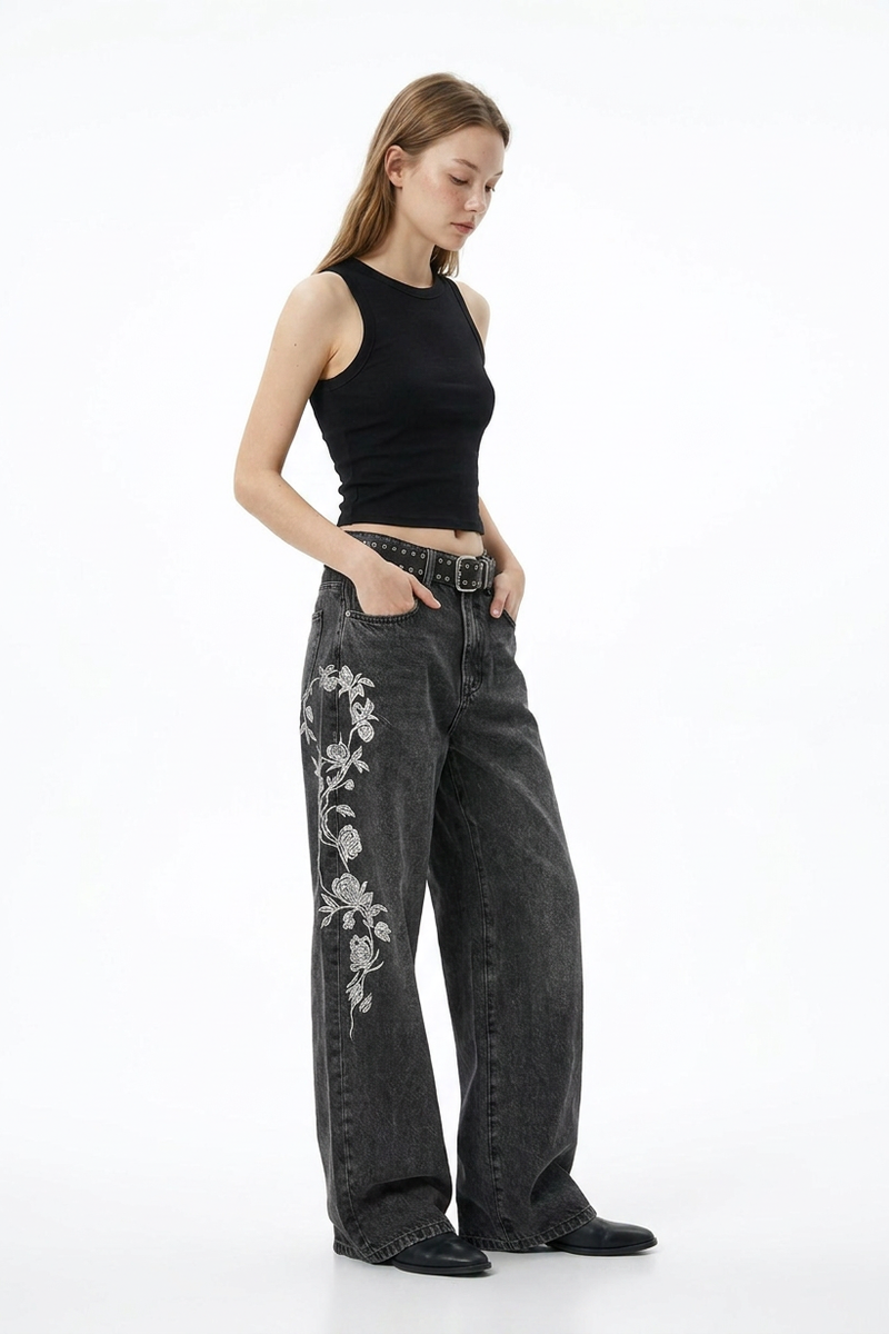 Women's Floral Embroidered Stretch Wide Leg Jeans