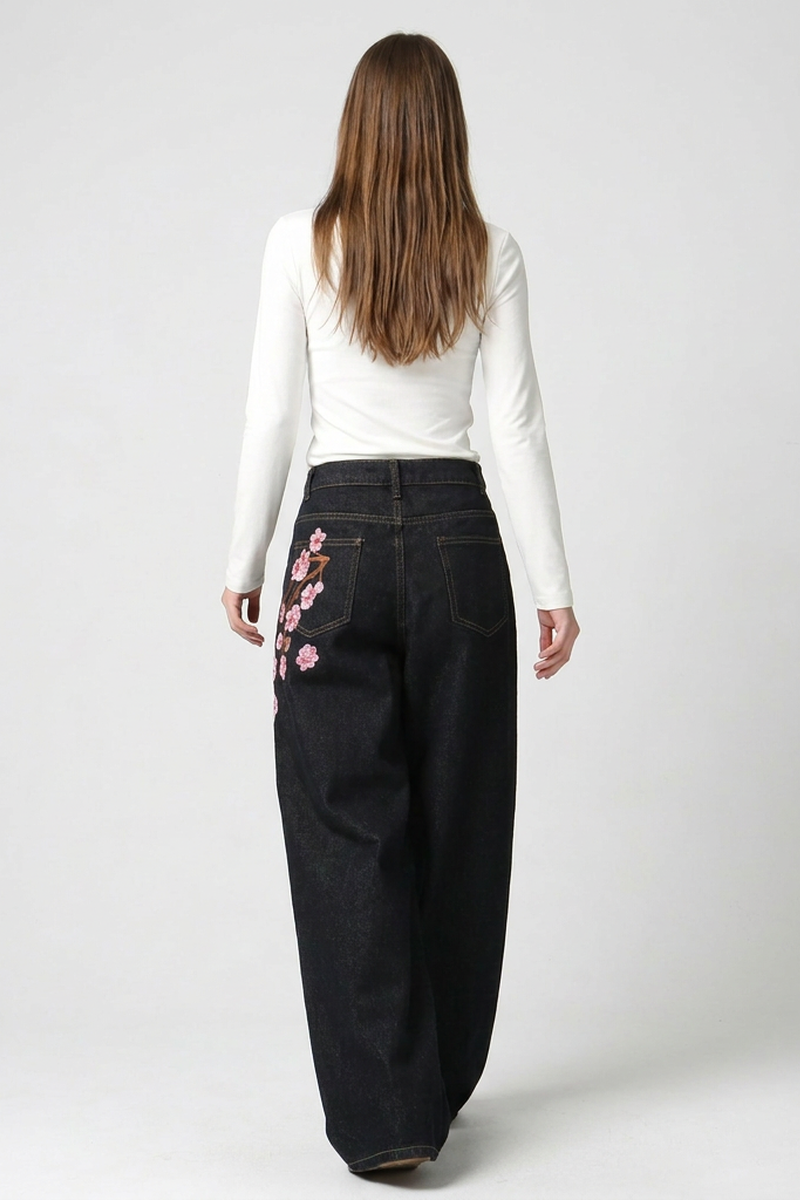 Women's Fall Side Floral Embroidered Wide Leg Jeans
