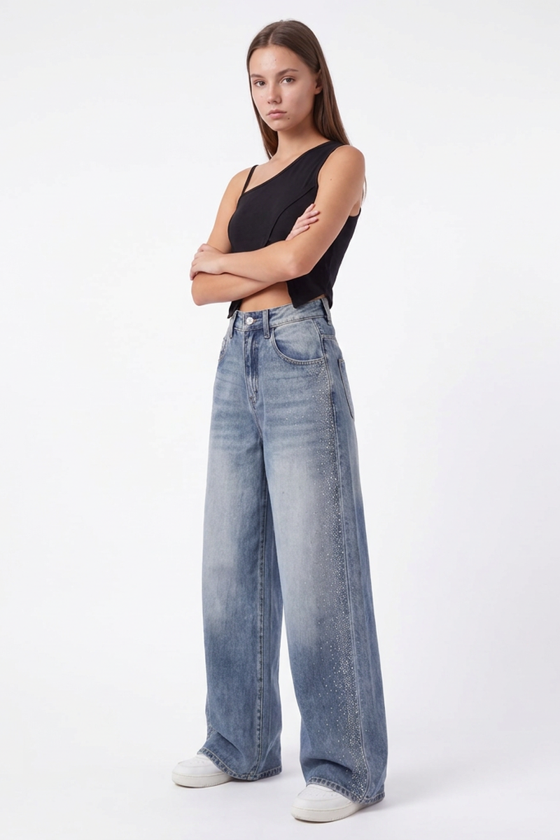 Women's Fall Side Hotfix Rhinestone Embellishment Jeans
