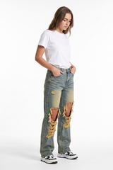 Women's Fall Distressed Ripped Knees & Frayed Wide Leg Jeans