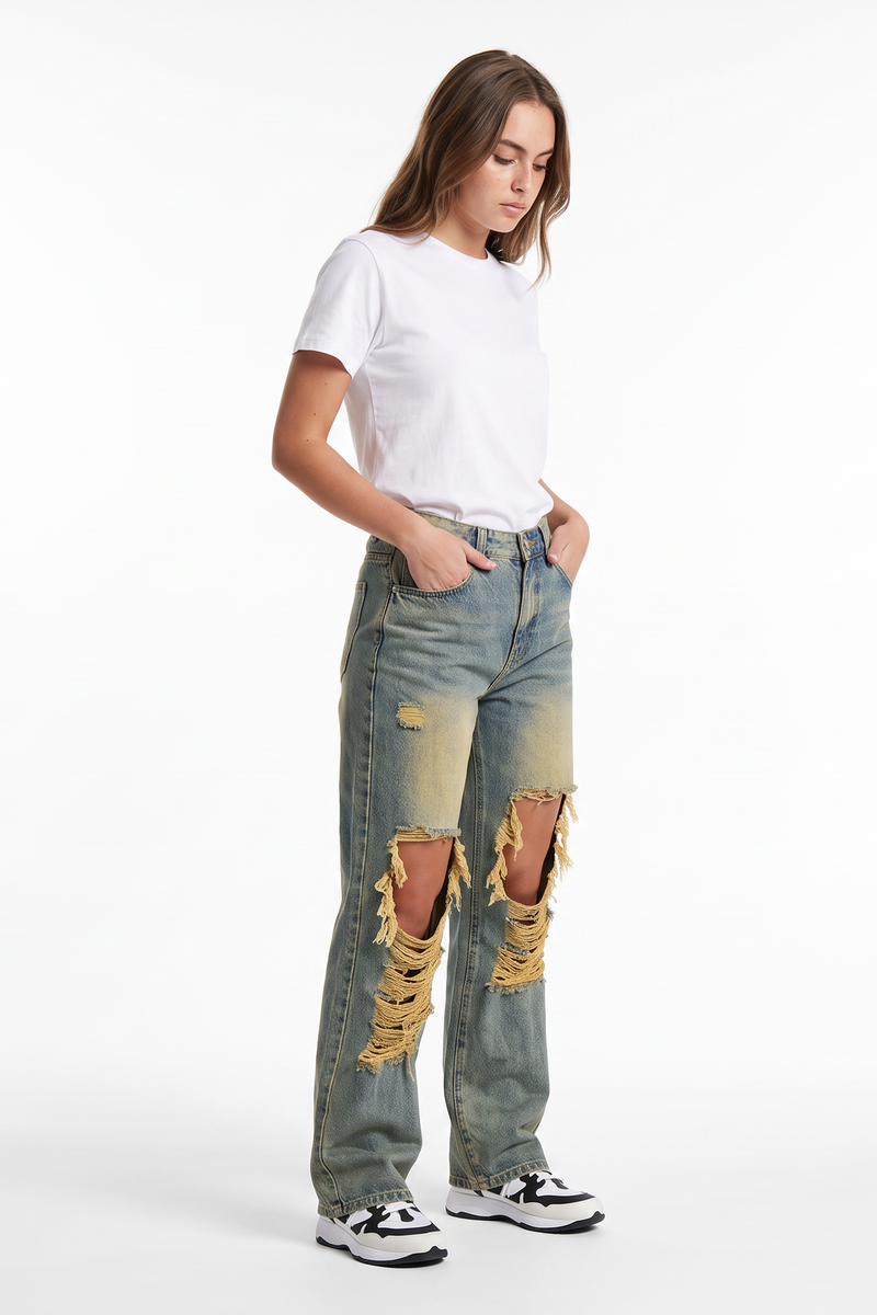 Women's Fall Distressed Ripped Knees & Frayed Wide Leg Jeans