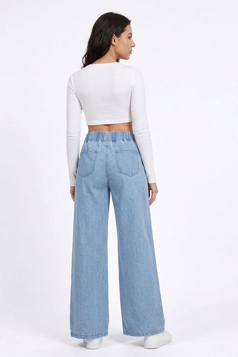Women's  Elastic-Waist Relaxed Baggy Wide Leg Jeans