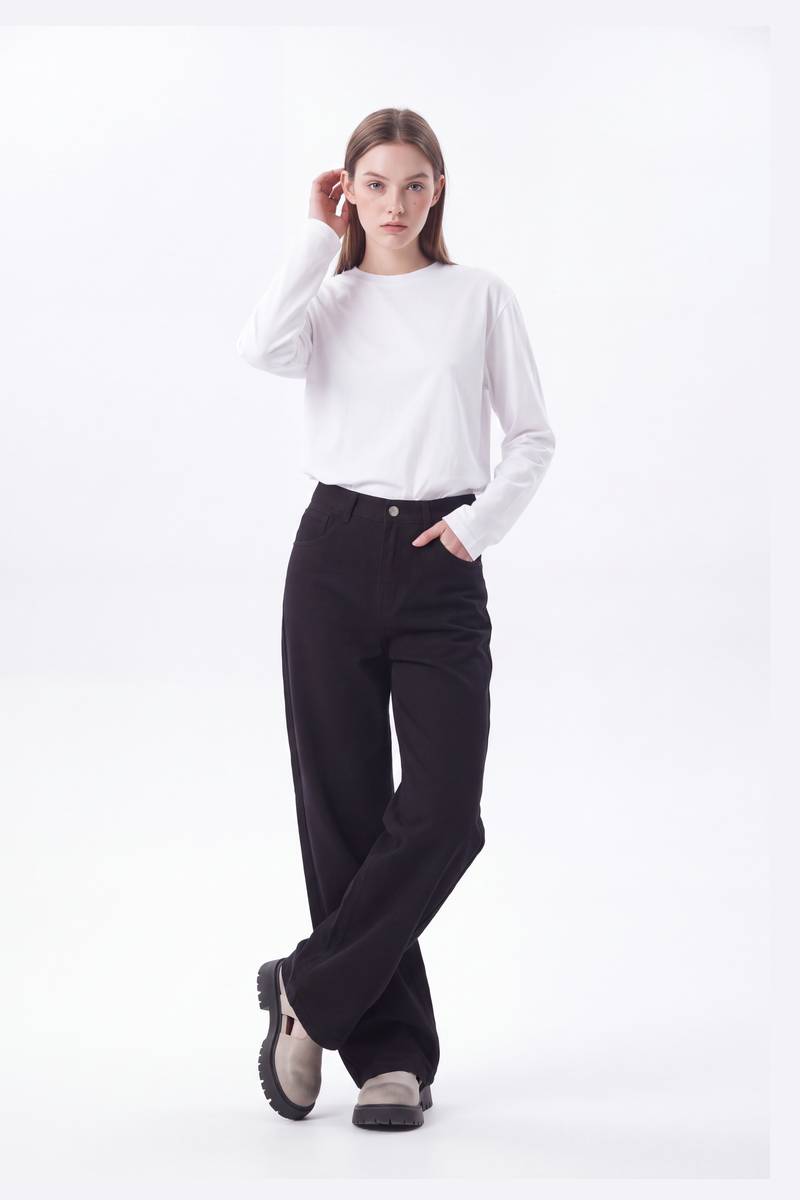 Women's 100% Cotton Pure Black Wash Loose Fit Wide Leg Jeans